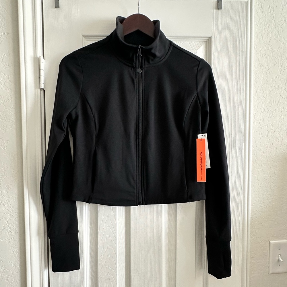 Aqua Athletic Women's Black Full-Zip Cropped Mock Neck Jacket, Size Small